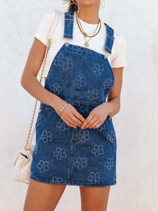 Flower Wide Strap Denim Overall Dress with Pockets - Trendsi