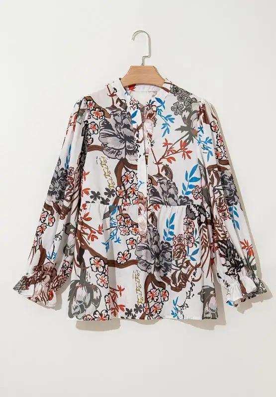 Printed Notched Flounce Sleeve Blouse - Trendsi - Flyclothing LLC
