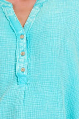 Zenana Washed Double Gauze 3/4 Button Henley Neck Shirt - Trendsi - Flyclothing LLC