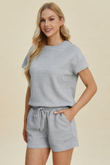 Double Take Full Size Texture Short Sleeve Top and Shorts Set - Trendsi
