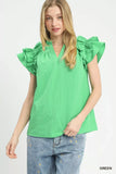 Umgee Textured Ruffle Sleeve Notched Top - Trendsi - Flyclothing LLC