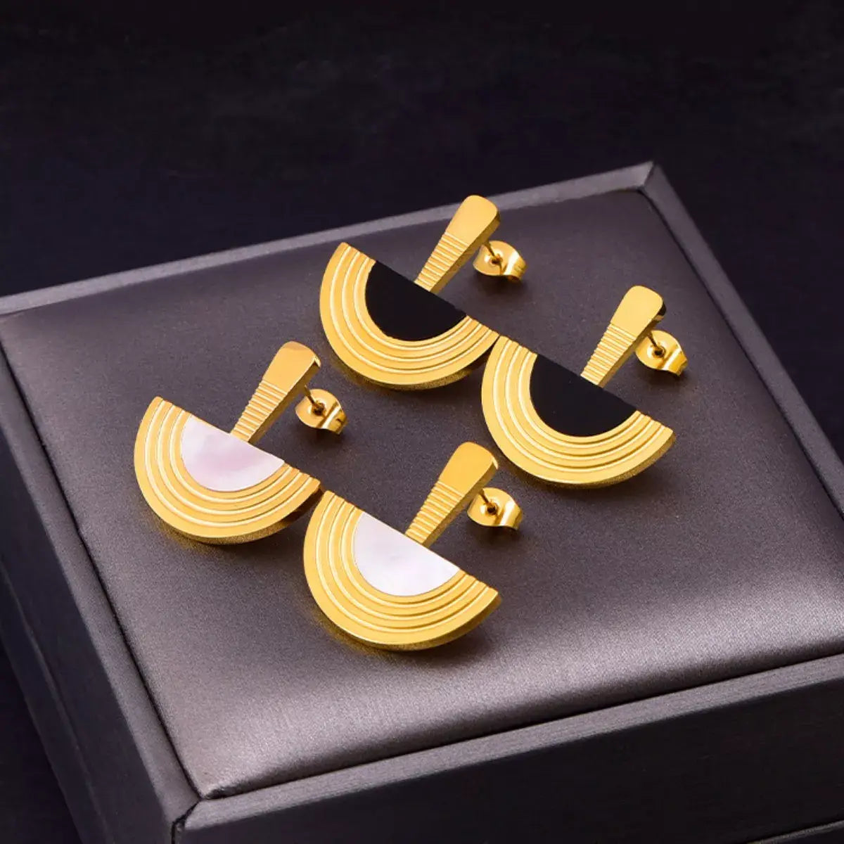 Geometric Half-Circle 18K Gold Plated Necklace Ring and Earrings Jewelry Set - Trendsi - Flyclothing LLC