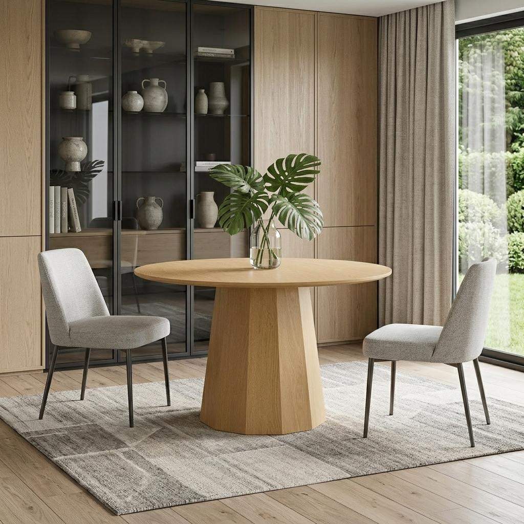 46" Oak Wood Pedestal Base Straight Edge Round Top Dining Table - HomeRoots - Flyclothing LLC