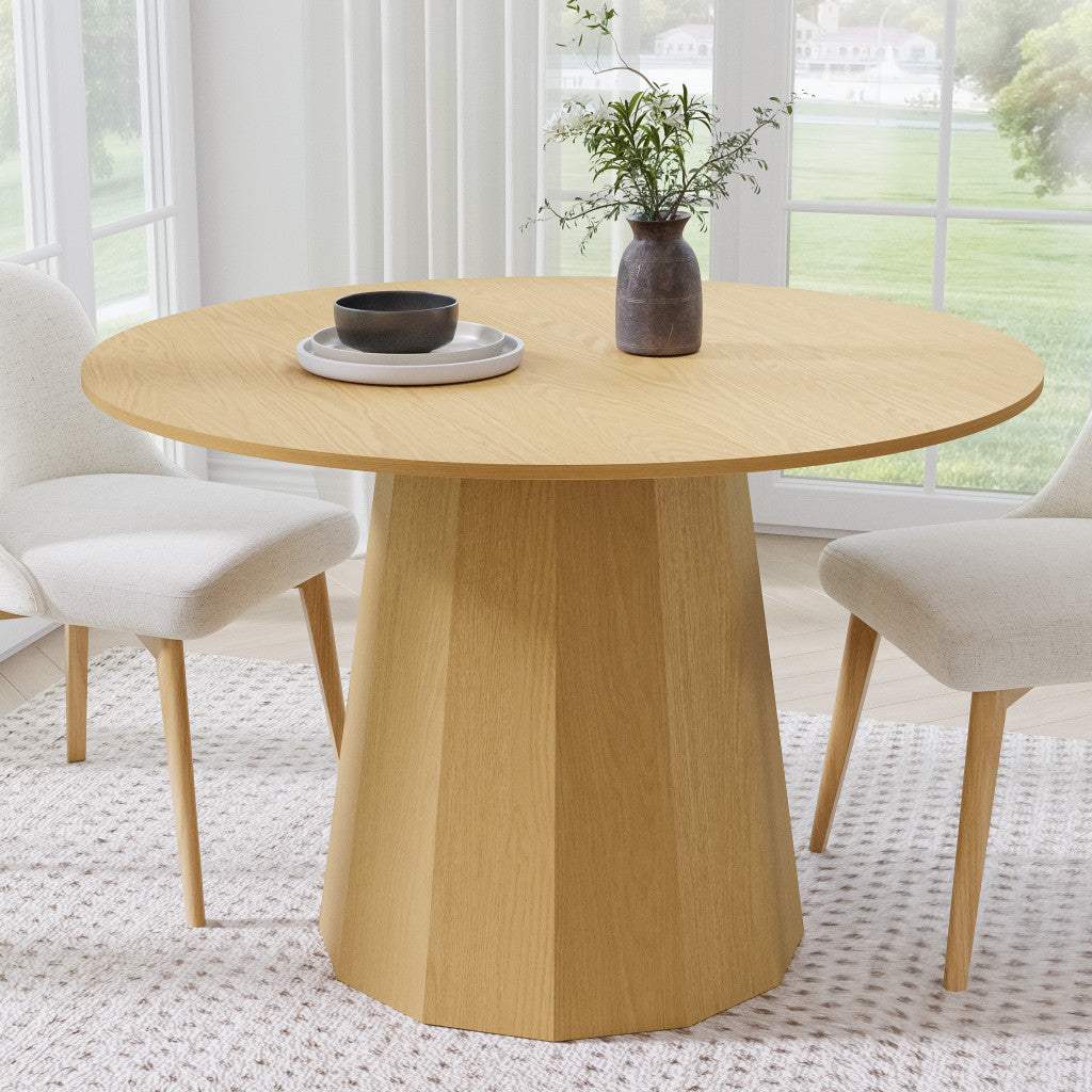 46" Oak Wood Pedestal Base Straight Edge Round Top Dining Table - HomeRoots - Flyclothing LLC