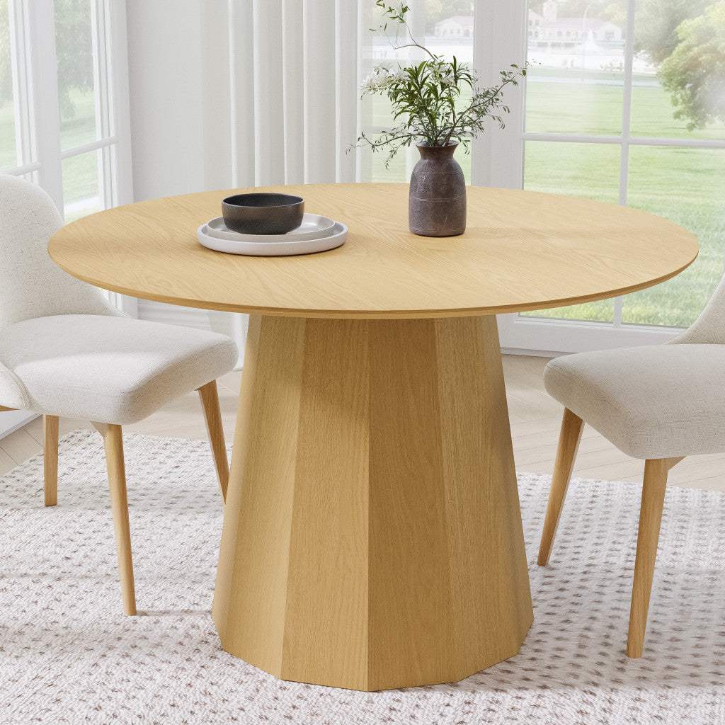46" Oak Wood Pedestal Base Beveled Edge Round Top Dining Table - HomeRoots - Flyclothing LLC