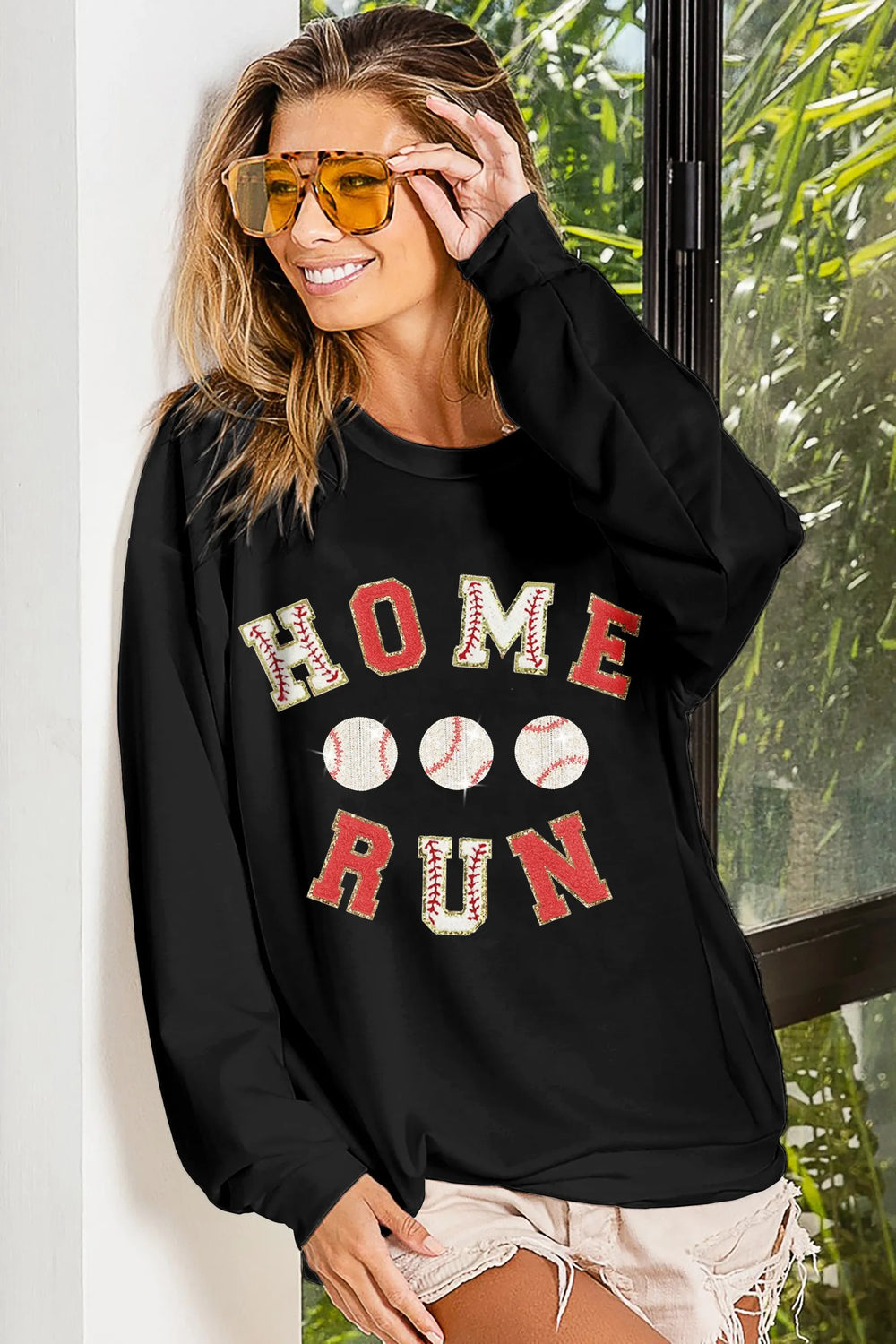 BiBi Baseballs Homerun Patches French Terry Sweatshirt - Trendsi