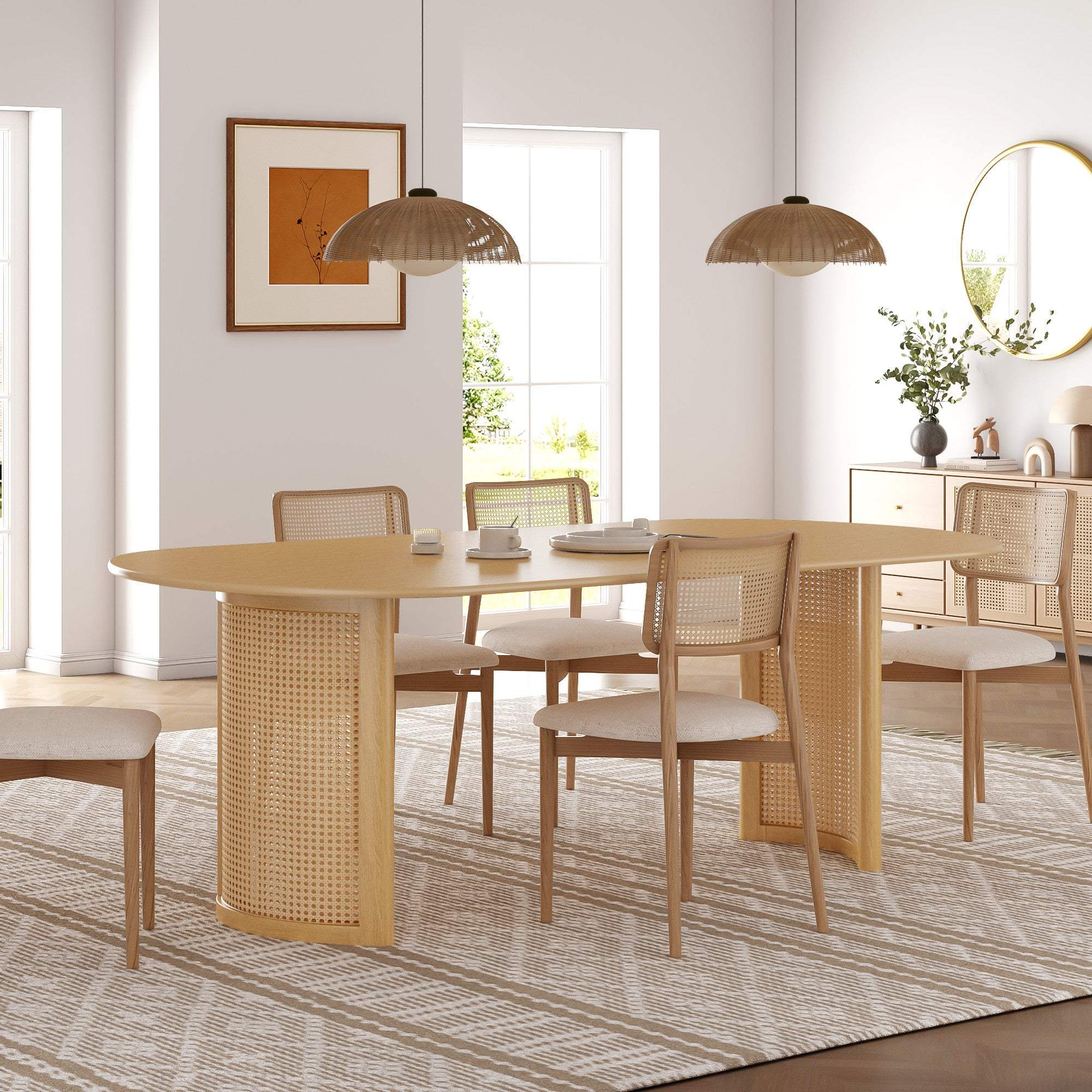 67" Natural Solid Wood With Rattan Double Pedestal Base Oval Dining Table - HomeRoots - Flyclothing LLC