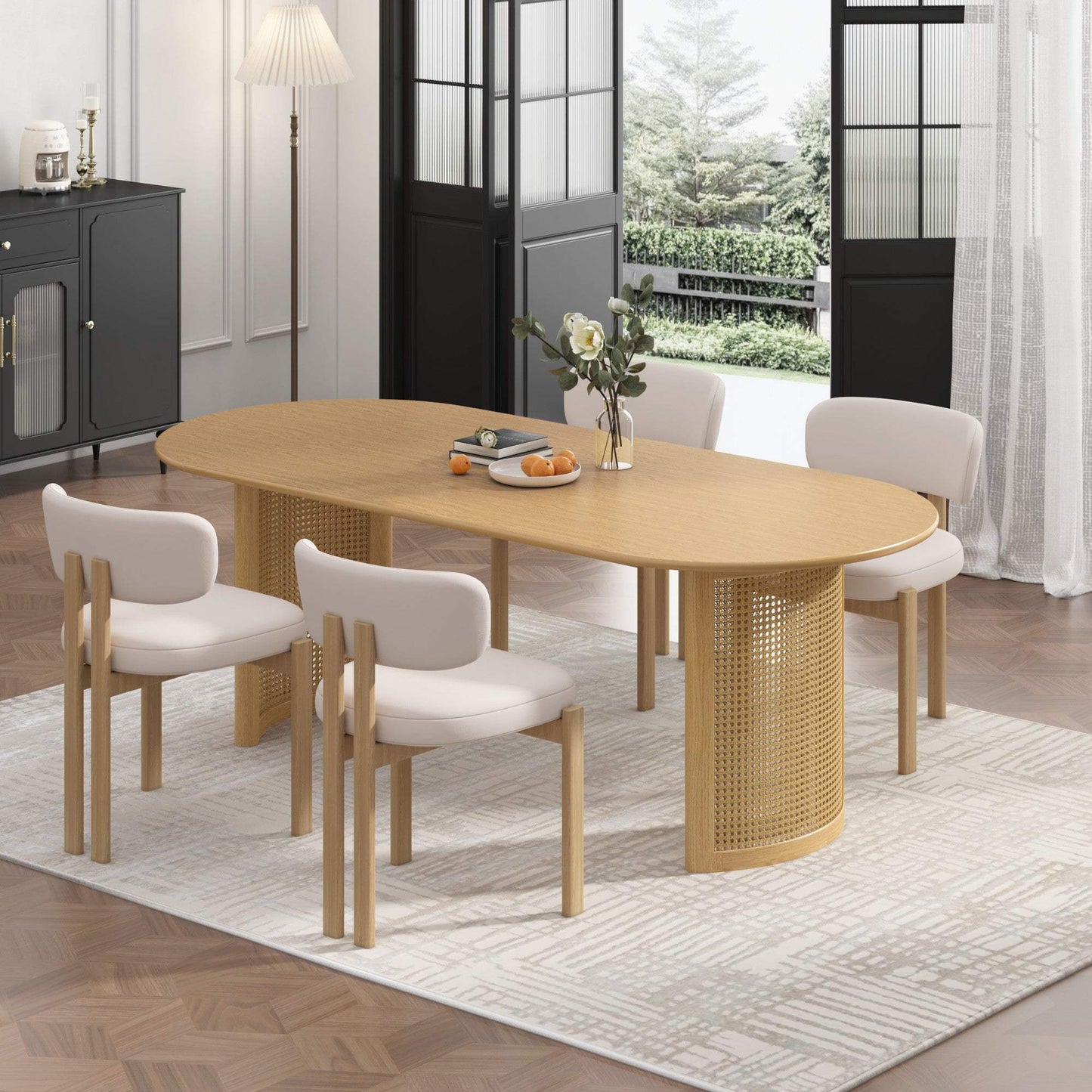 67" Natural Solid Wood With Rattan Double Pedestal Base Oval Dining Table - HomeRoots - Flyclothing LLC