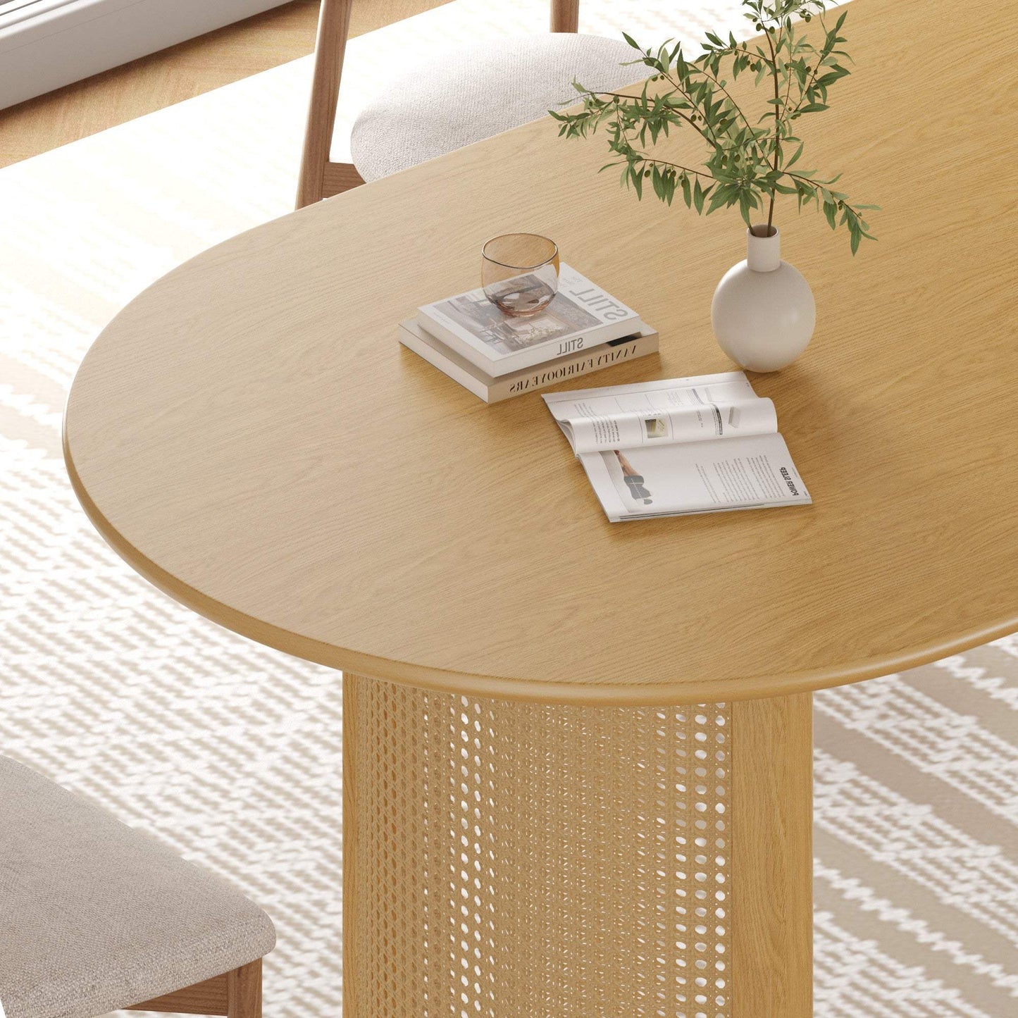 67" Natural Solid Wood With Rattan Double Pedestal Base Oval Dining Table - HomeRoots - Flyclothing LLC