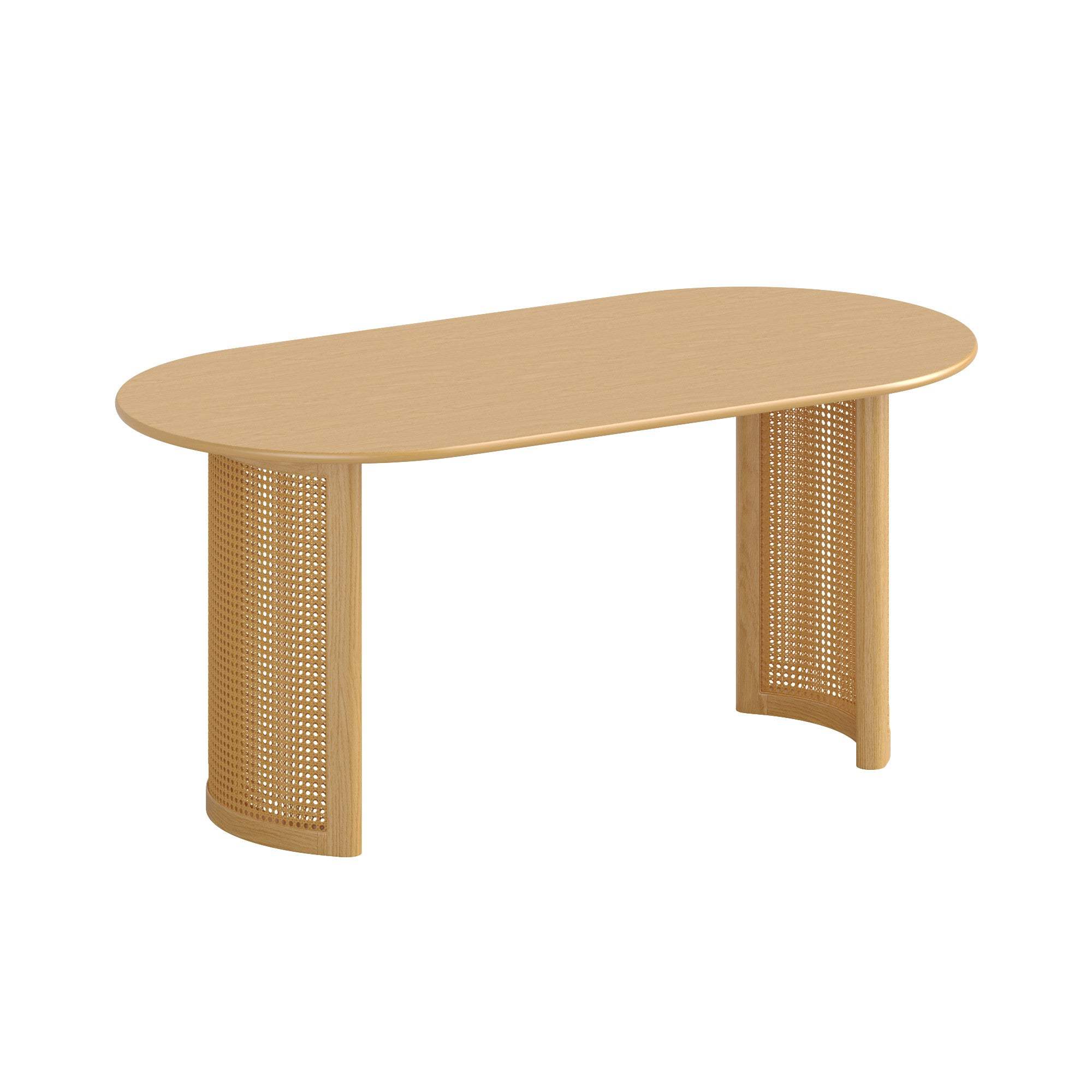 67" Natural Solid Wood With Rattan Double Pedestal Base Oval Dining Table - HomeRoots - Flyclothing LLC