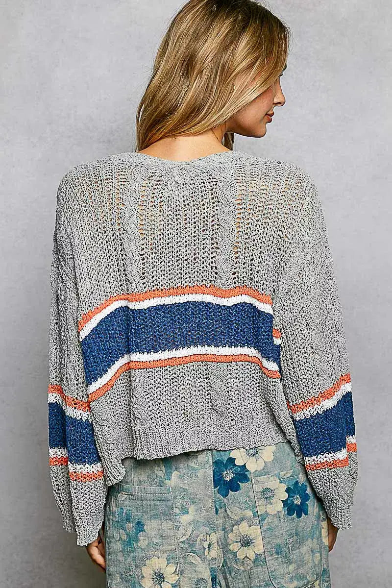 POL V-Neck Striped Pattern Cropped Knit Top with Cable Knit Detail - Trendsi - Flyclothing LLC