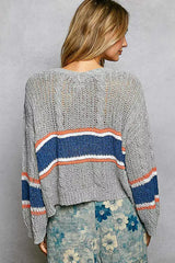 POL V-Neck Striped Pattern Cropped Knit Top with Cable Knit Detail - Trendsi - Flyclothing LLC