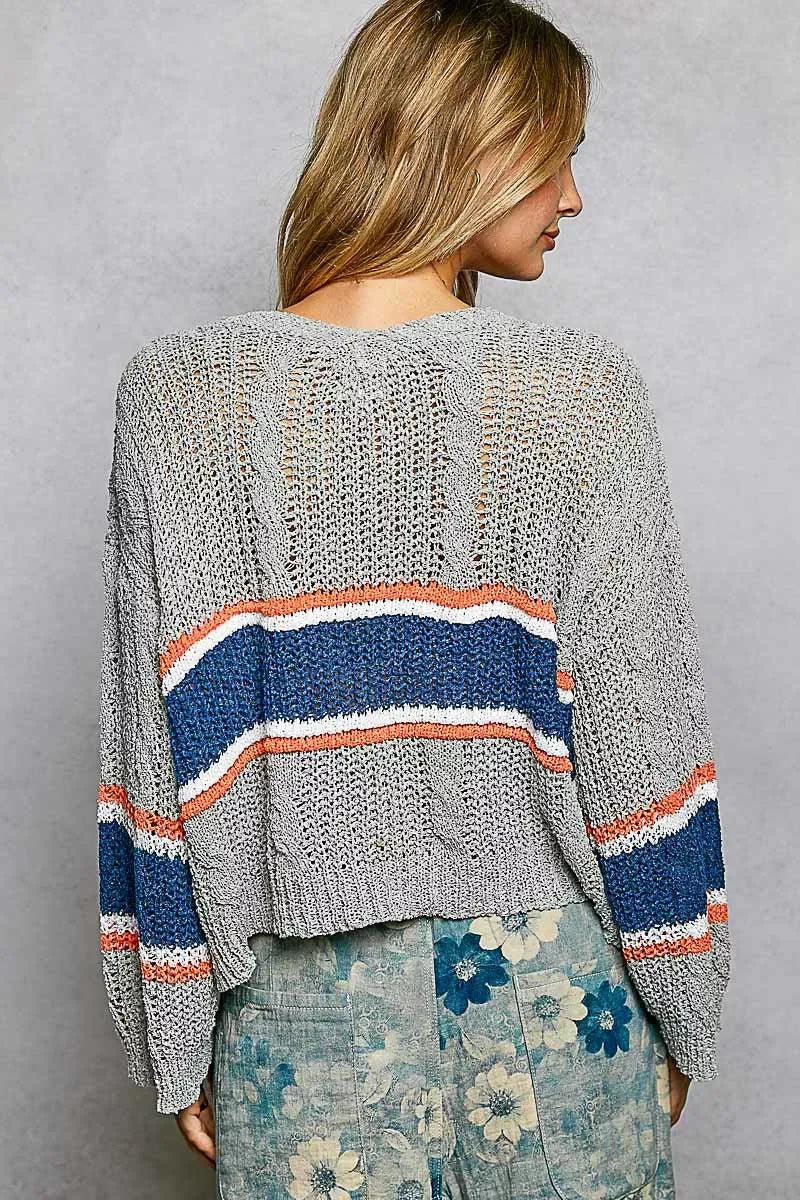 POL V-Neck Striped Pattern Cropped Knit Top with Cable Knit Detail - Trendsi - Flyclothing LLC