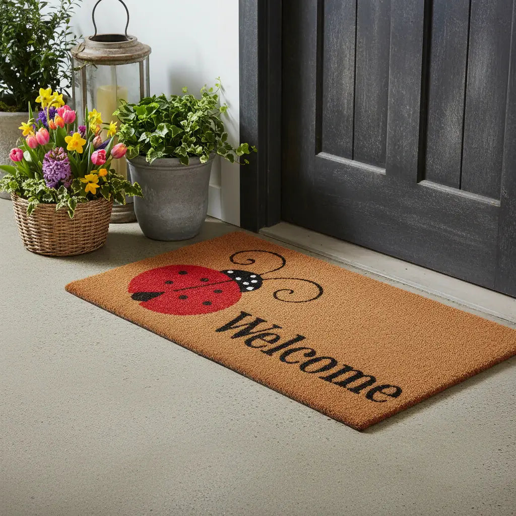 17" X 29" Brown And Red Ladybug Welcome Outdoor Coir Door Mat - Homeroots - Flyclothing LLC