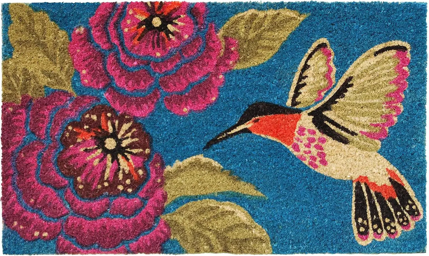 24" X 36" Blue And Rose Floral And Hummingbird Outdoor Coir Door Mat - Homeroots - Flyclothing LLC