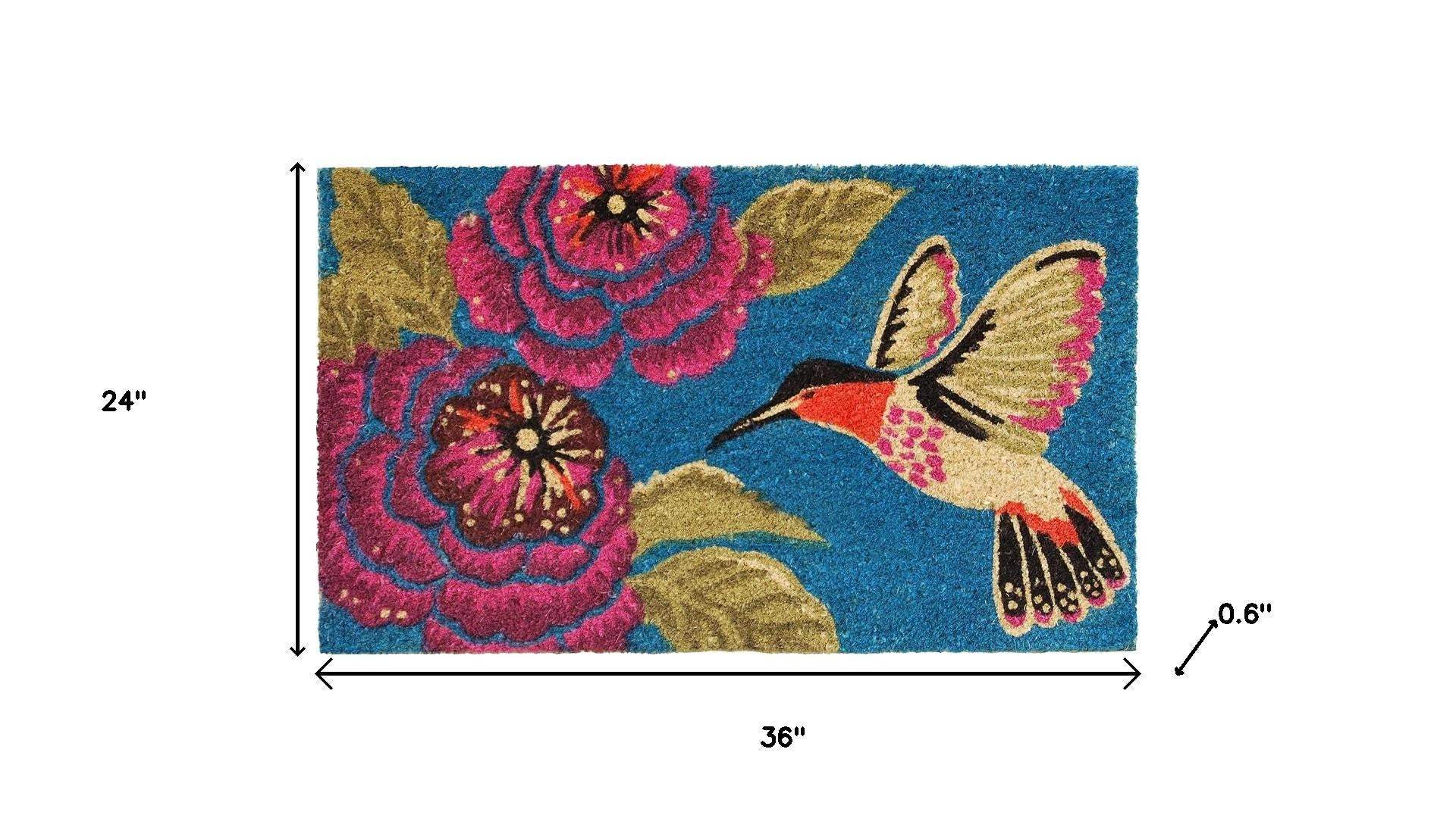 24" X 36" Blue And Rose Floral And Hummingbird Outdoor Coir Door Mat - Homeroots - Flyclothing LLC