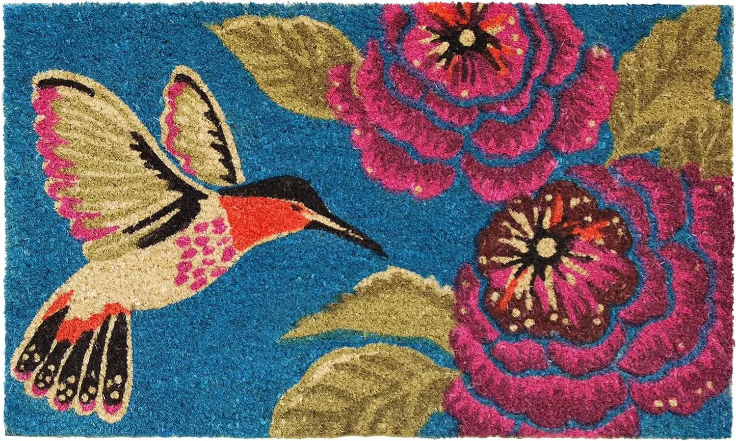 24" X 36" Blue And Rose Floral And Hummingbird Outdoor Coir Door Mat - Homeroots - Flyclothing LLC