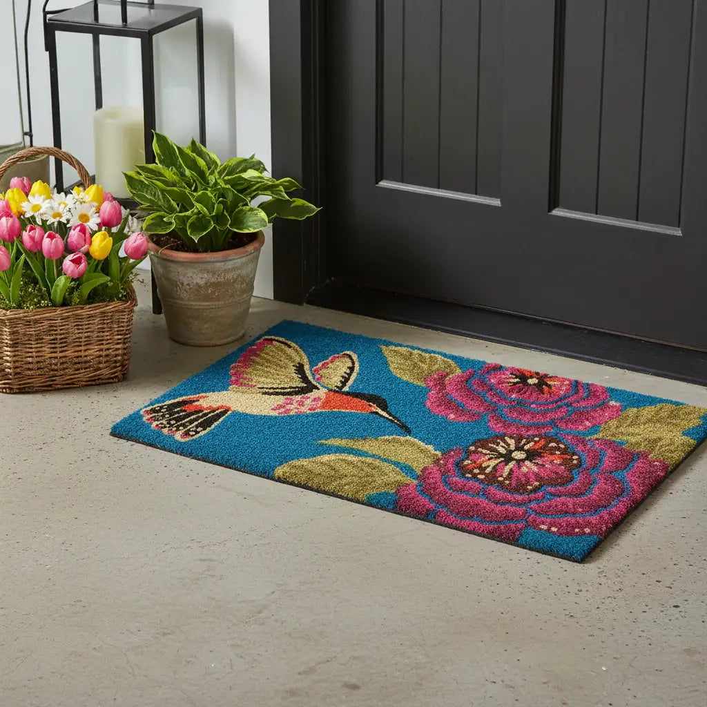 24" X 36" Blue And Rose Floral And Hummingbird Outdoor Coir Door Mat - Homeroots - Flyclothing LLC