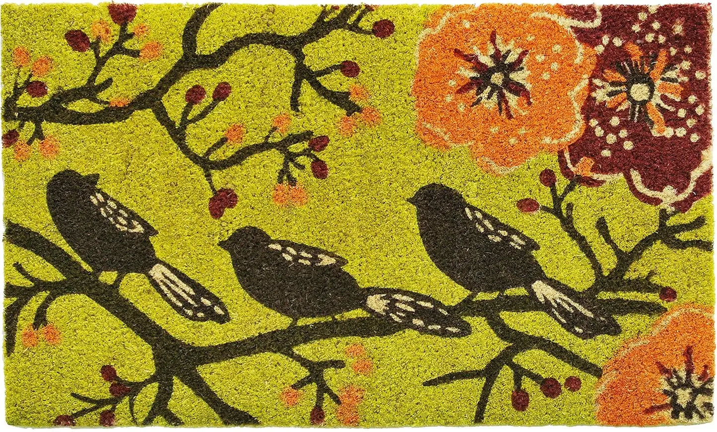 17" X 29" Green Black And Orange Floral Birds Outdoor Coir Door Mat - Homeroots - Flyclothing LLC