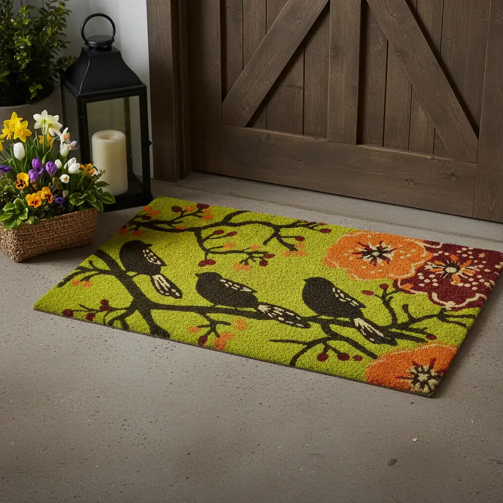 17" X 29" Green Black And Orange Floral Birds Outdoor Coir Door Mat - Homeroots - Flyclothing LLC
