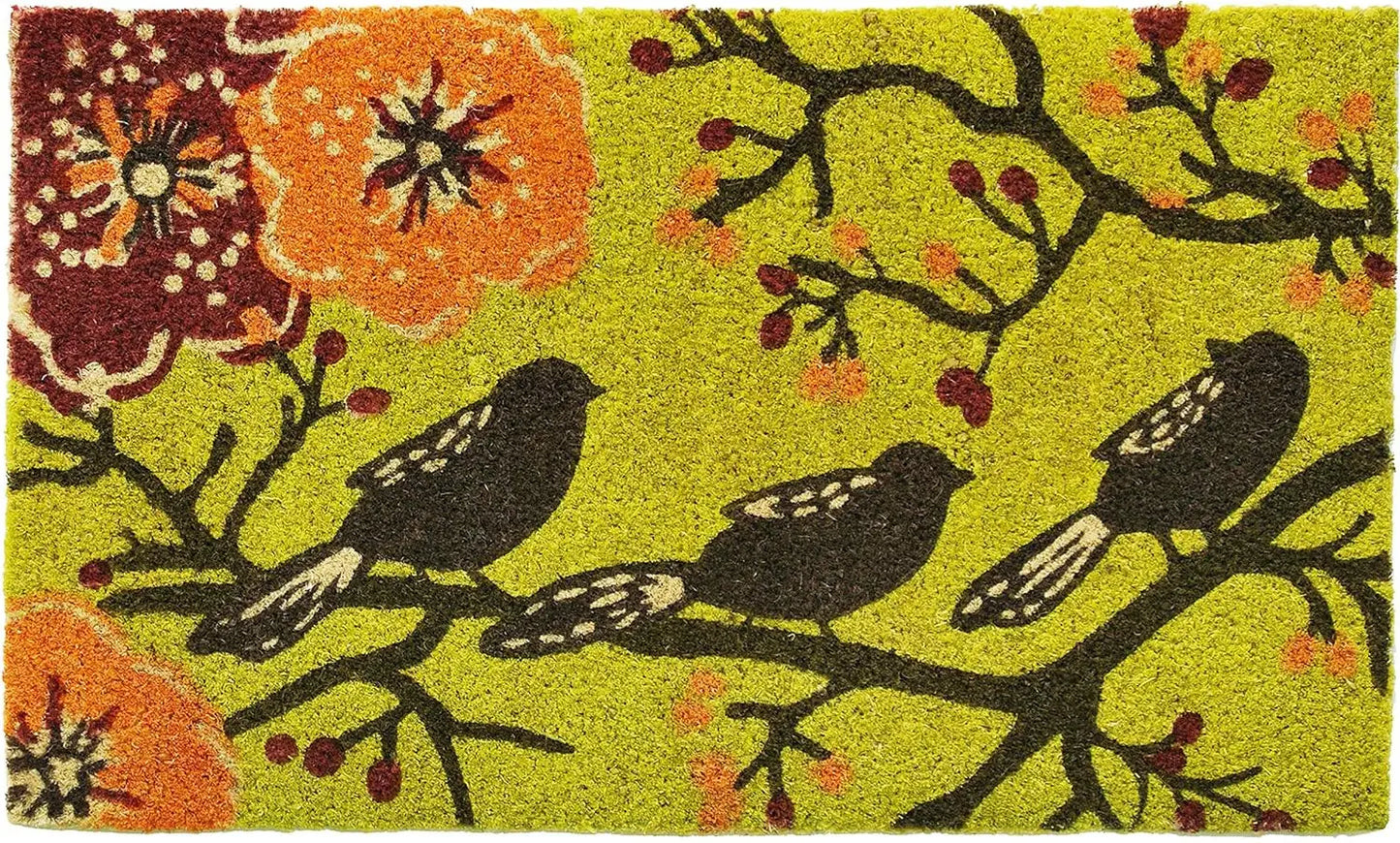 17" X 29" Green Black And Orange Floral Birds Outdoor Coir Door Mat - Homeroots - Flyclothing LLC
