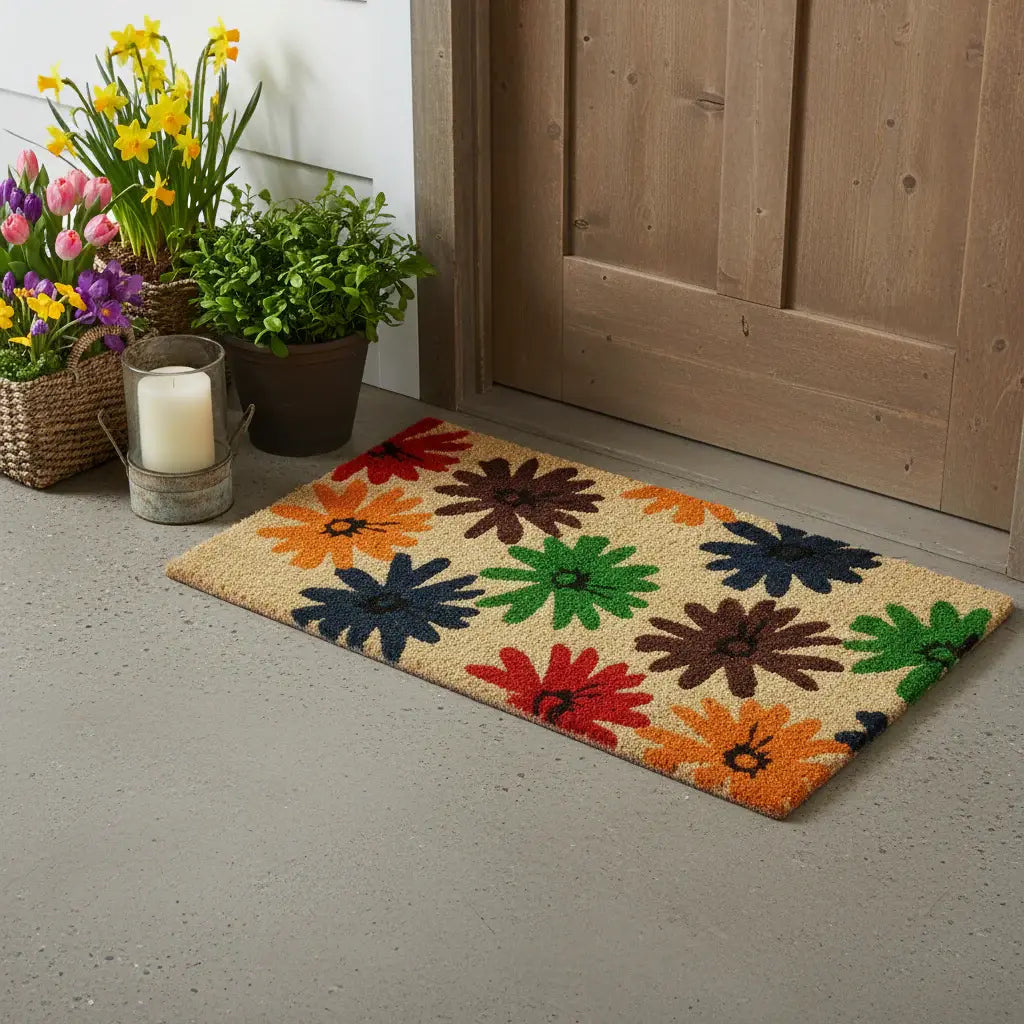 24" X 36" Brown Green And Red Multi Floral Outdoor Coir Door Mat - Homeroots - Flyclothing LLC