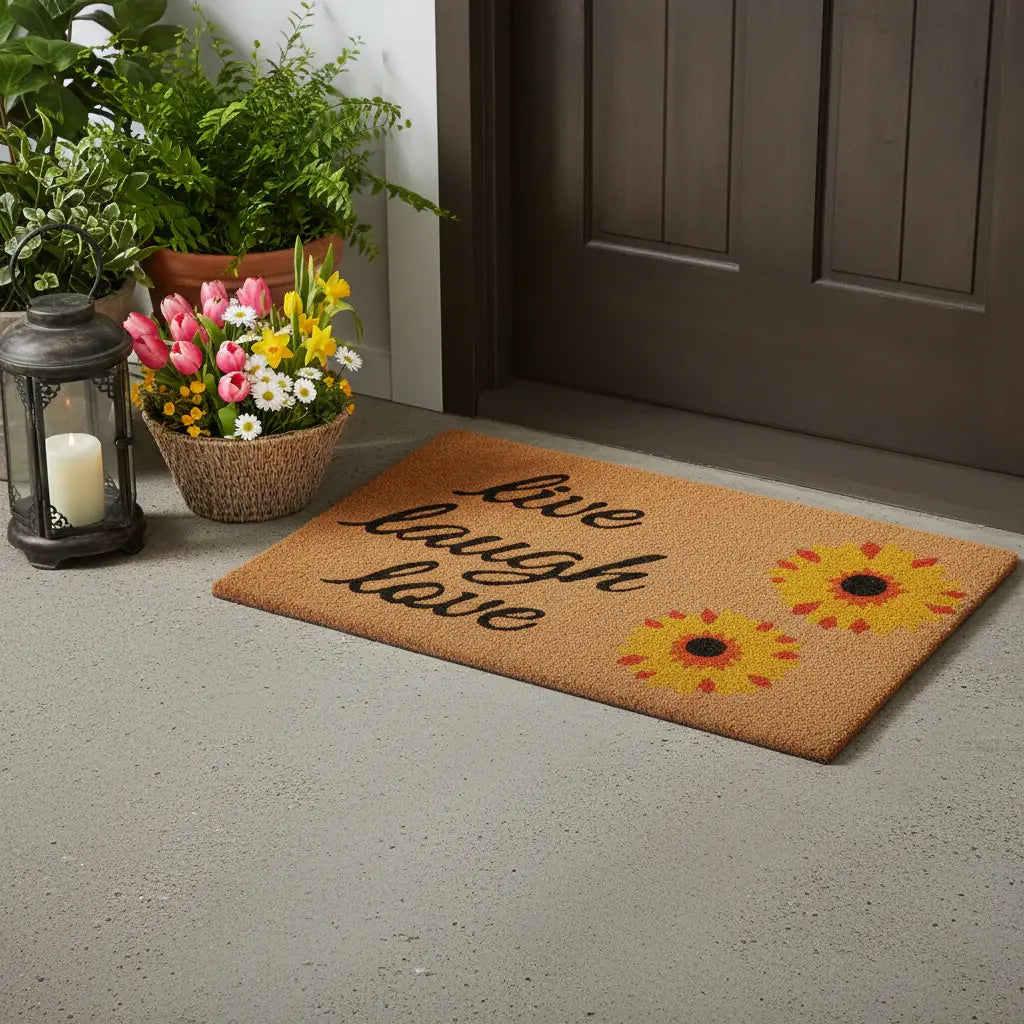 24" X 36" Brown Black And Yellow Floral Live Laugh Love Outdoor Coir Door Mat - Homeroots - Flyclothing LLC