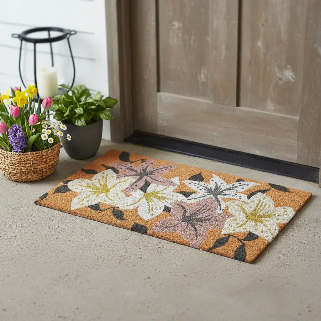24" X 36" Brown Purple And White Floral Outdoor Coir Door Mat - Homeroots - Flyclothing LLC