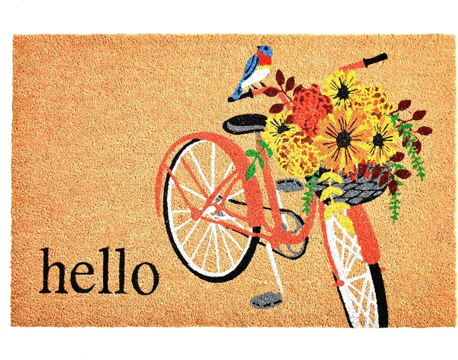 17" X 29" Brown And Orange Bicycle Floral Hello Outdoor Coir Door Mat - Homeroots - Flyclothing LLC
