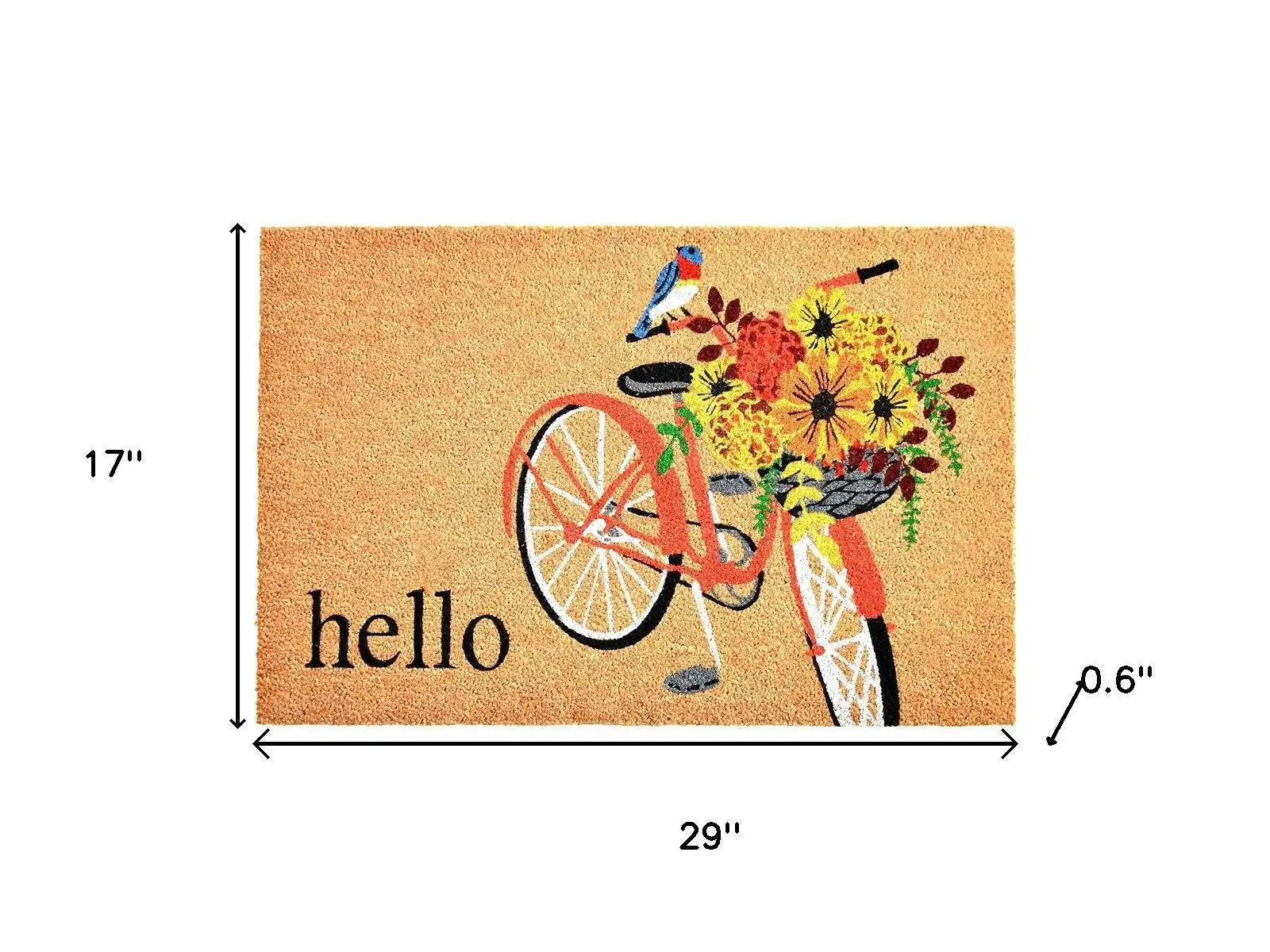 17" X 29" Brown And Orange Bicycle Floral Hello Outdoor Coir Door Mat - Homeroots - Flyclothing LLC