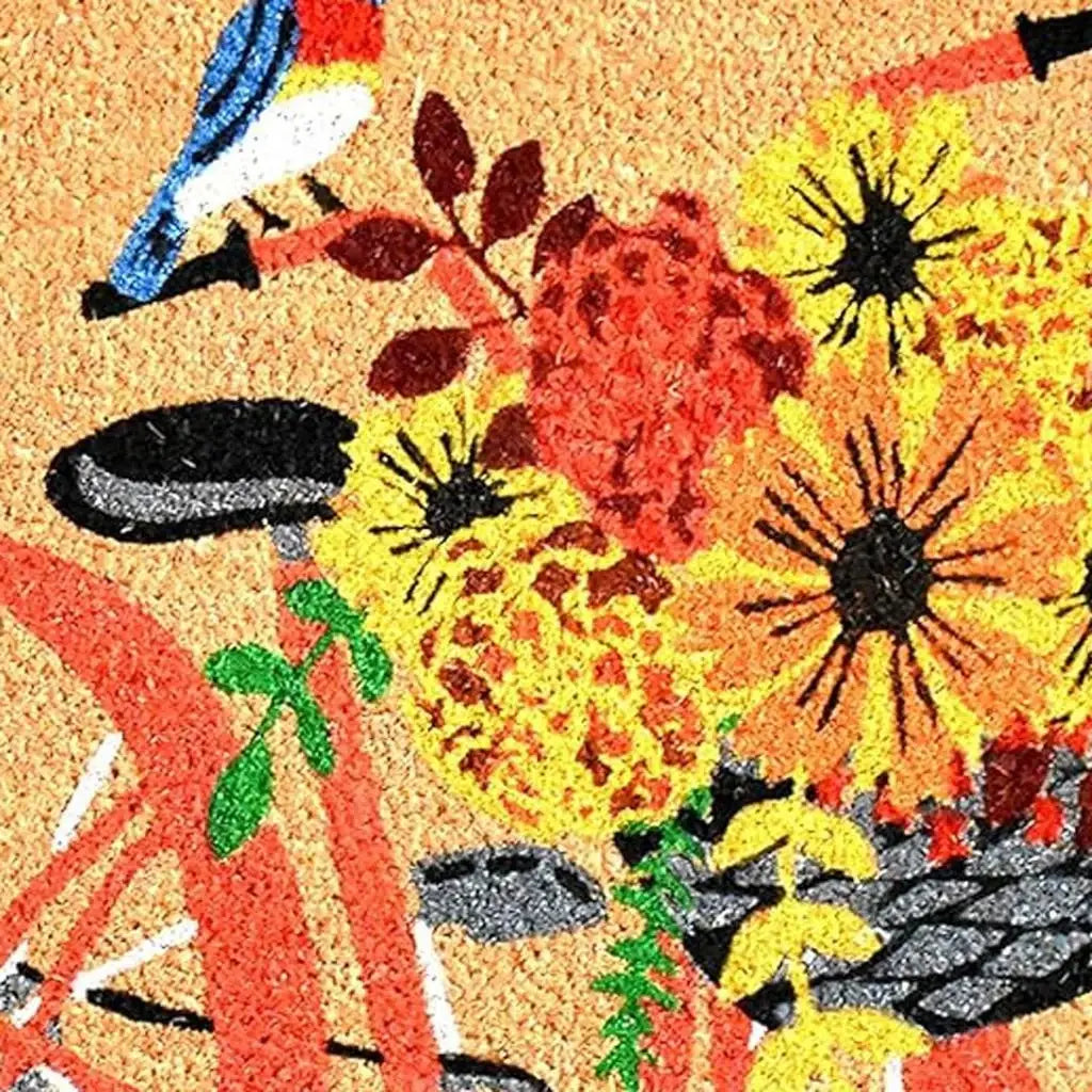 17" X 29" Brown And Orange Bicycle Floral Hello Outdoor Coir Door Mat - Homeroots - Flyclothing LLC