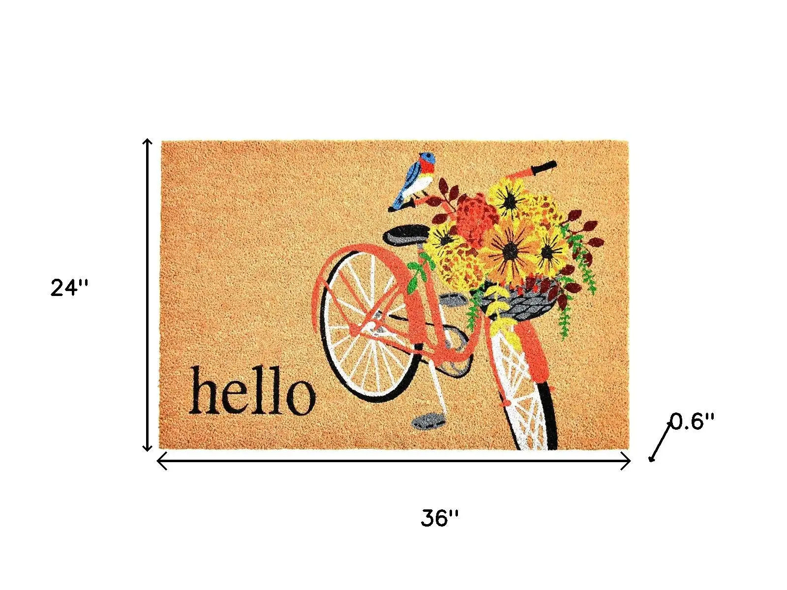 24" X 36" Brown And Orange Bicycle Floral Hello Outdoor Coir Door Mat - Homeroots - Flyclothing LLC