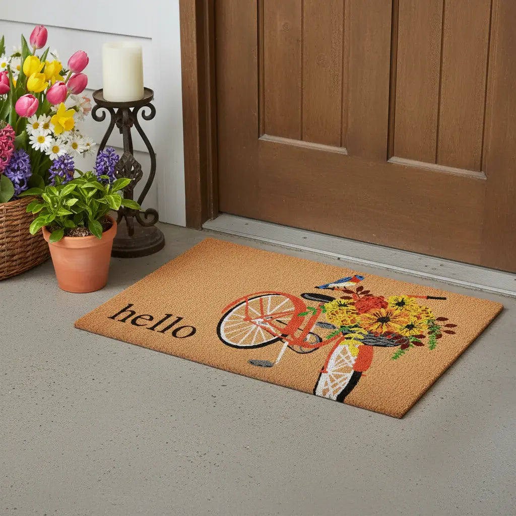 24" X 36" Brown And Orange Bicycle Floral Hello Outdoor Coir Door Mat - Homeroots - Flyclothing LLC