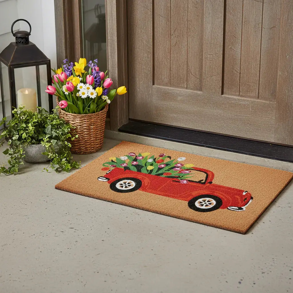 24" X 36" Brown And Red Floral Outdoor Coir Door Mat - Homeroots - Flyclothing LLC