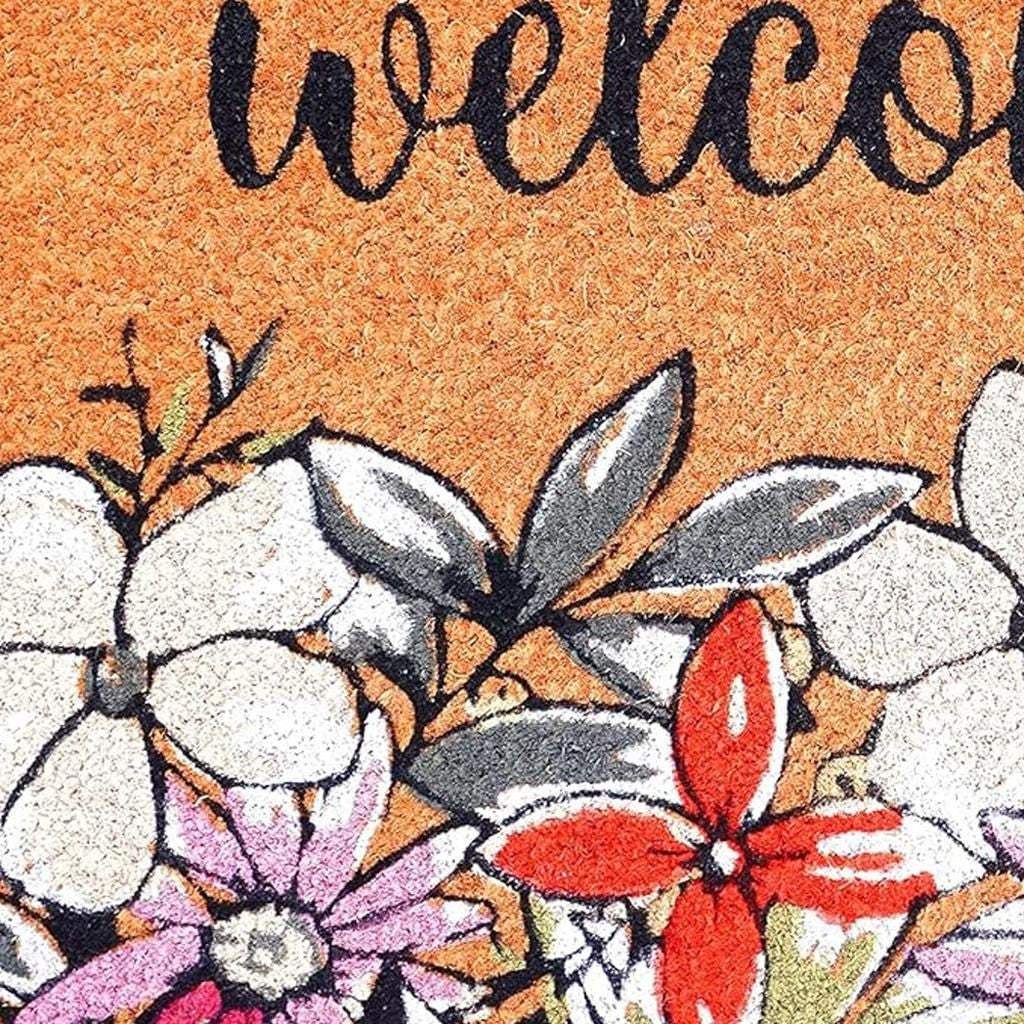20" X 34" Brown Black And White Floral Welcome Outdoor Coir Door Mat - Homeroots - Flyclothing LLC