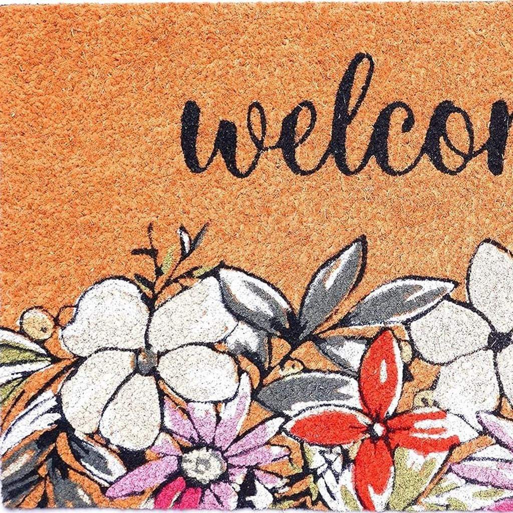 20" X 34" Brown Black And White Floral Welcome Outdoor Coir Door Mat - Homeroots - Flyclothing LLC