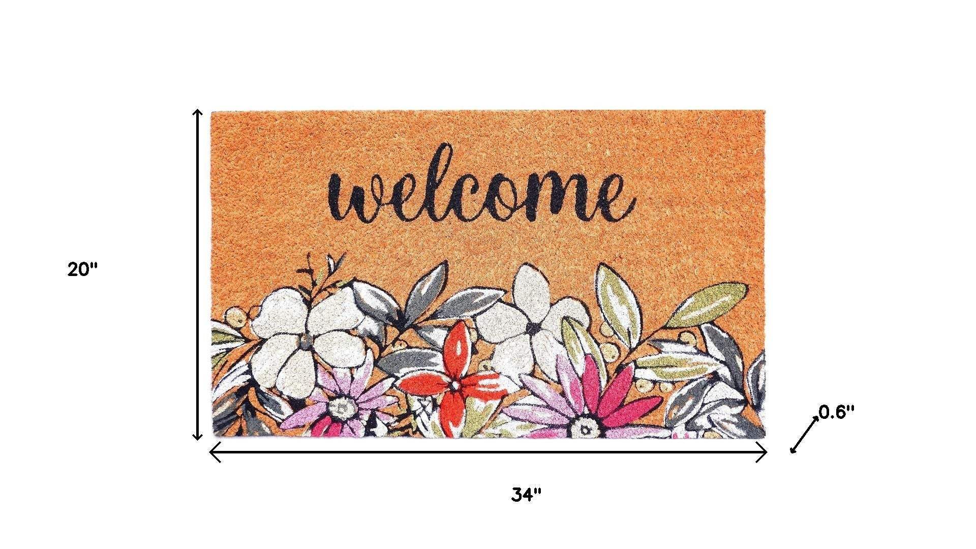 20" X 34" Brown Black And White Floral Welcome Outdoor Coir Door Mat - Homeroots - Flyclothing LLC