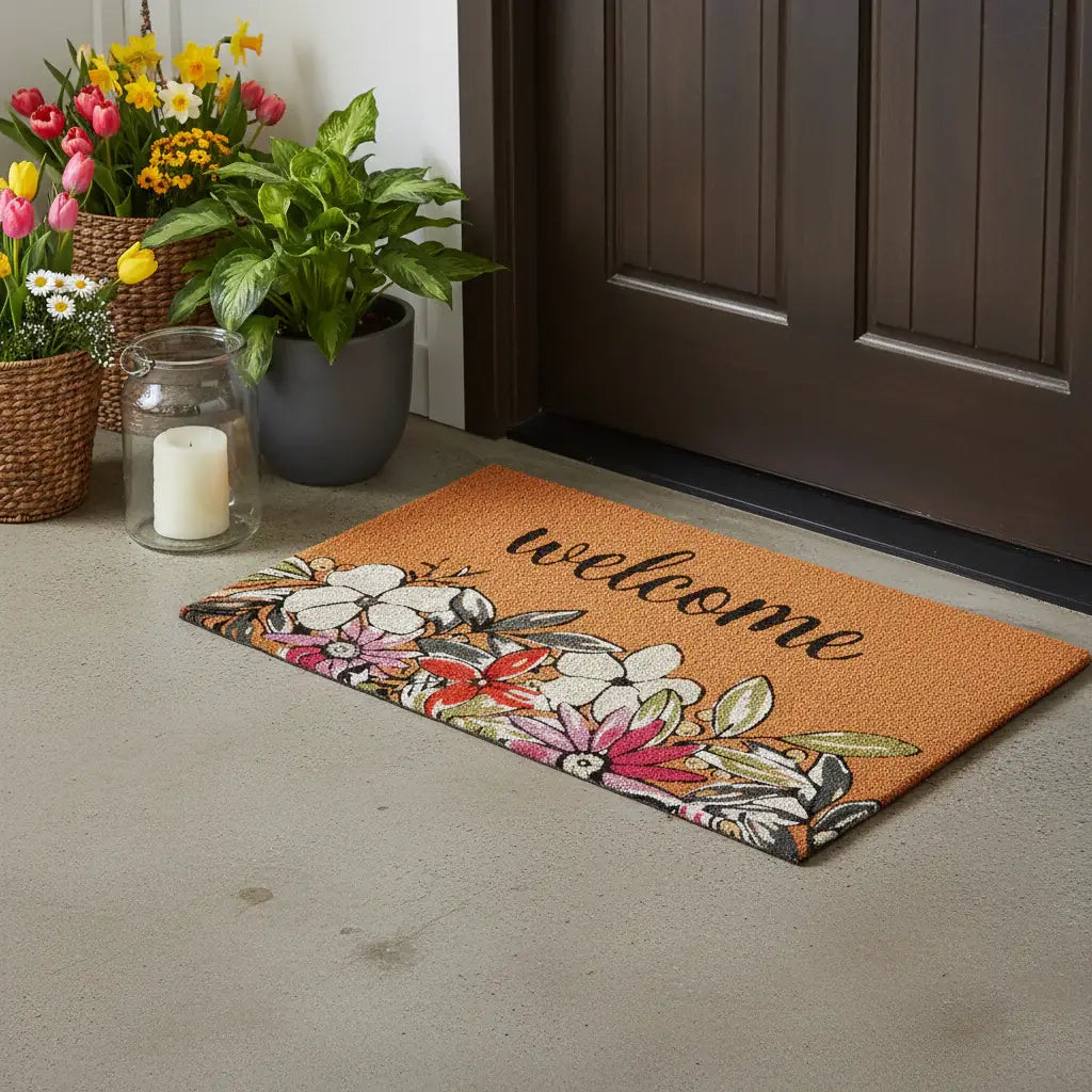 20" X 34" Brown Black And White Floral Welcome Outdoor Coir Door Mat - Homeroots - Flyclothing LLC