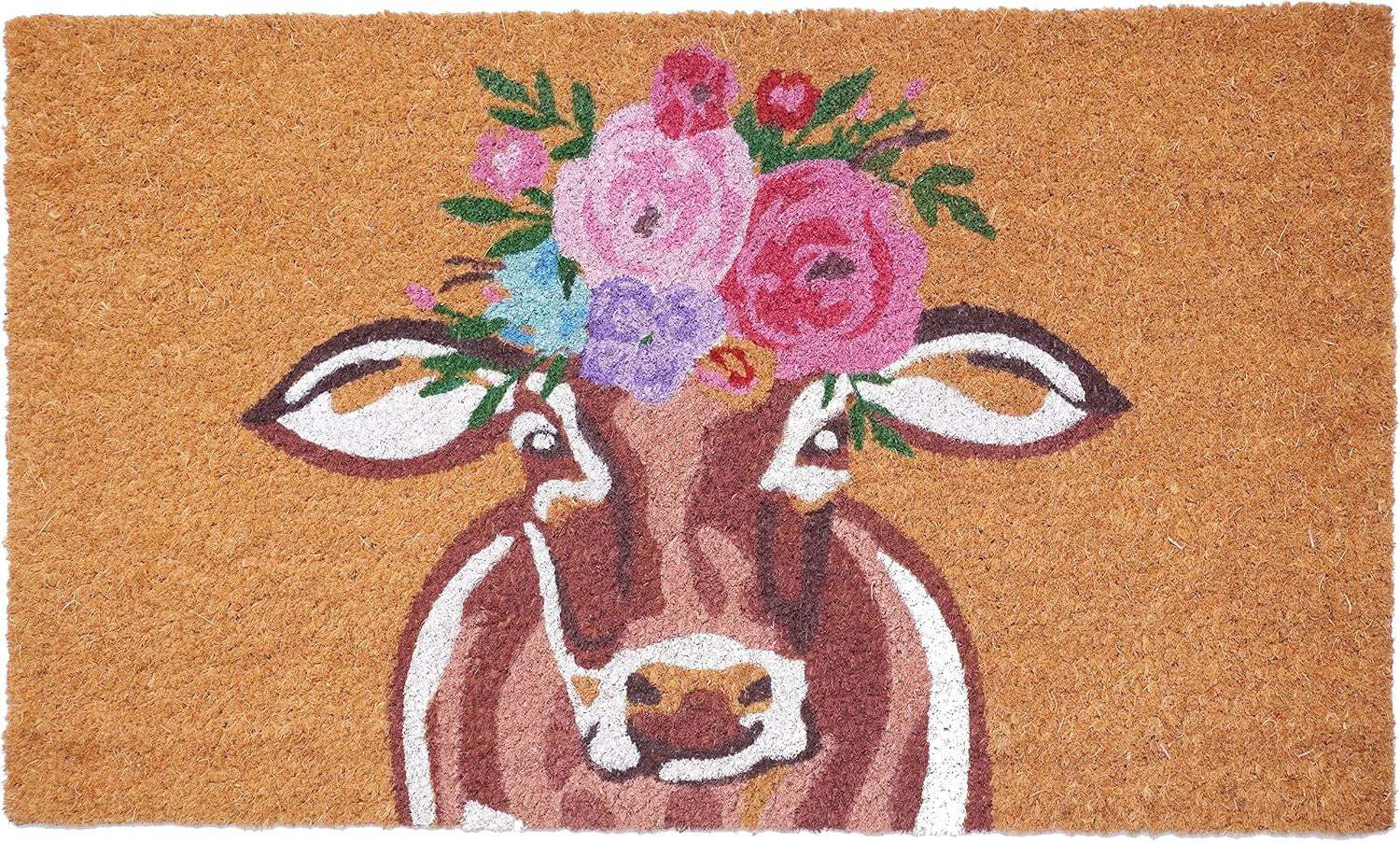 17" X 29" Brown And Pink Floral Cow Outdoor Coir Door Mat - Homeroots - Flyclothing LLC