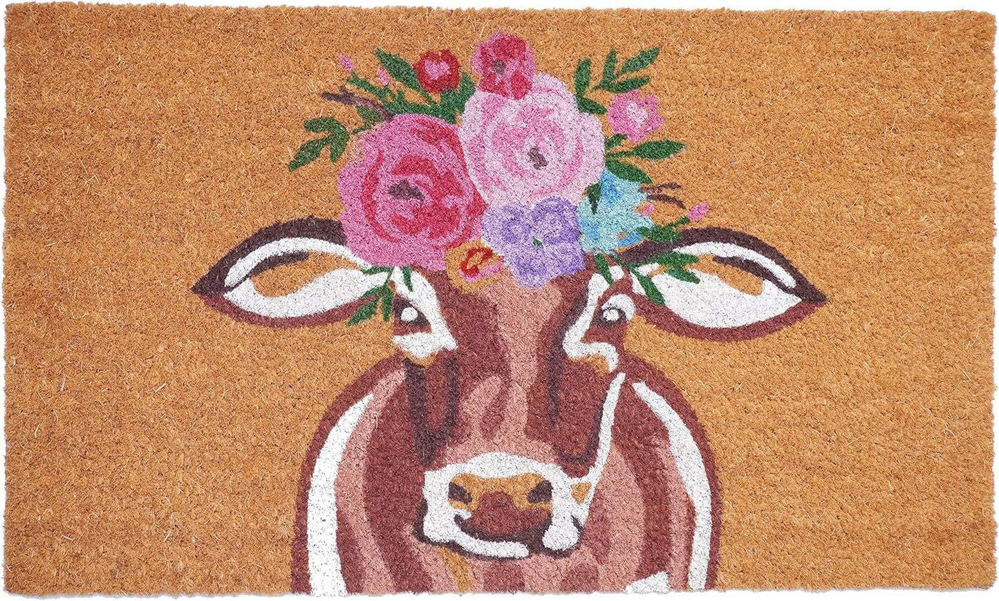 17" X 29" Brown And Pink Floral Cow Outdoor Coir Door Mat - Homeroots - Flyclothing LLC