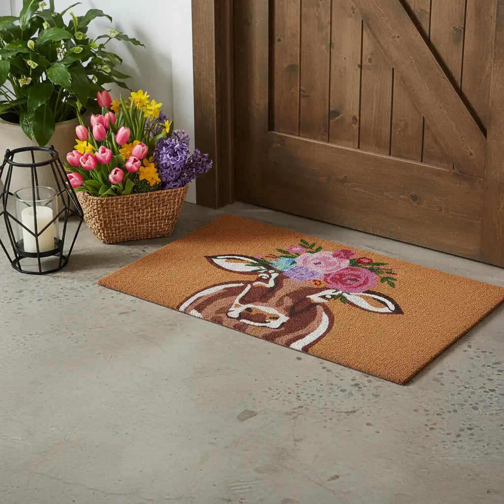 17" X 29" Brown And Pink Floral Cow Outdoor Coir Door Mat - Homeroots - Flyclothing LLC