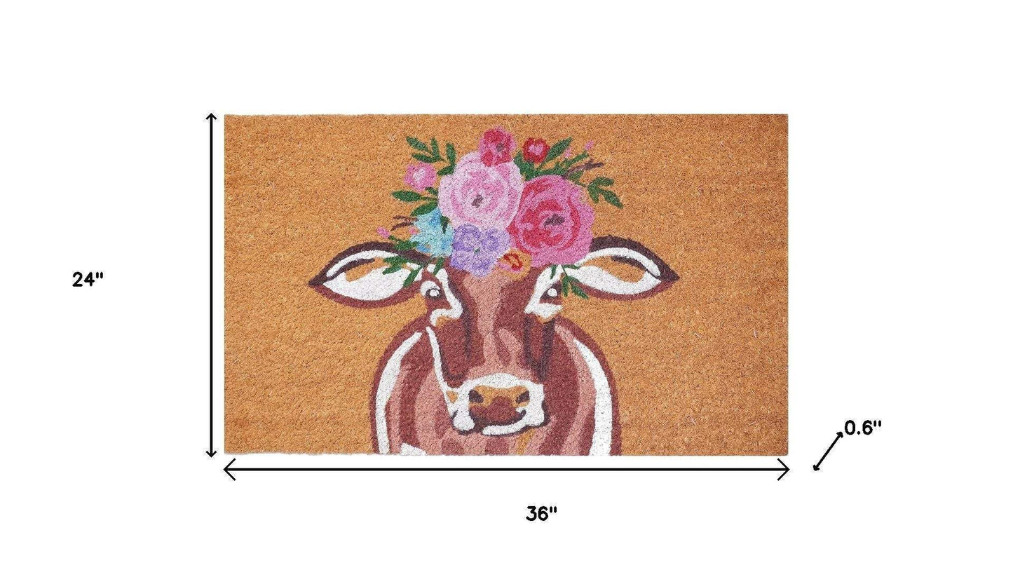 24" X 36" Brown And Pink Floral Cow Outdoor Coir Door Mat - Homeroots - Flyclothing LLC