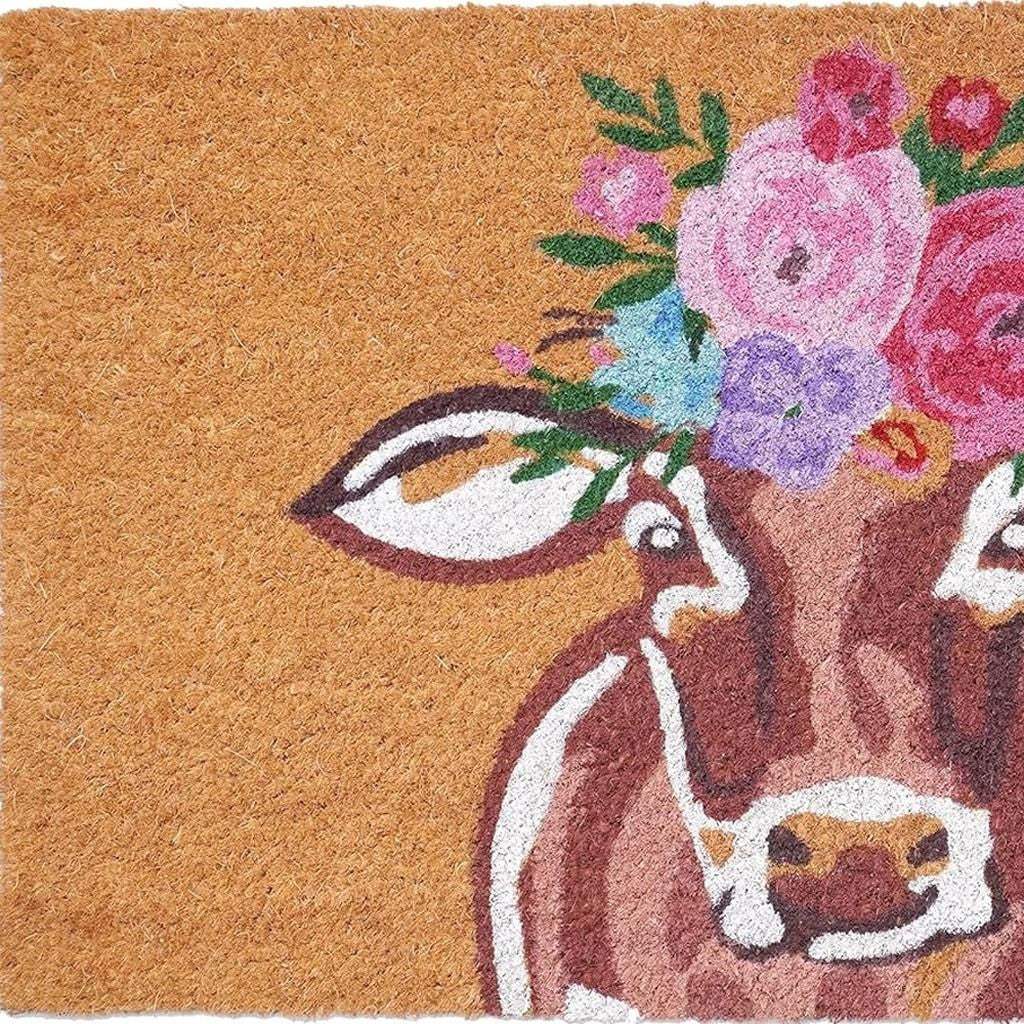 24" X 36" Brown And Pink Floral Cow Outdoor Coir Door Mat - Homeroots - Flyclothing LLC
