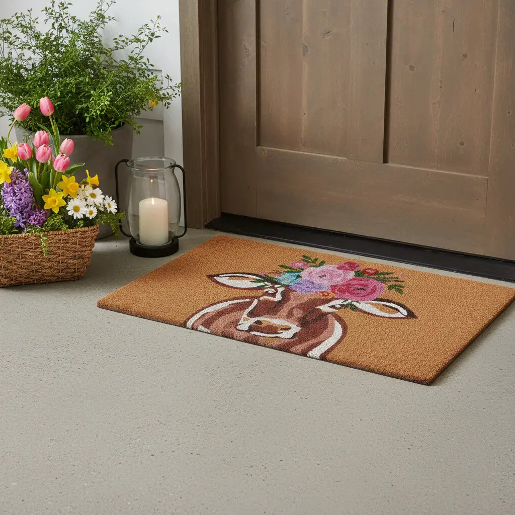 24" X 36" Brown And Pink Floral Cow Outdoor Coir Door Mat - Homeroots - Flyclothing LLC