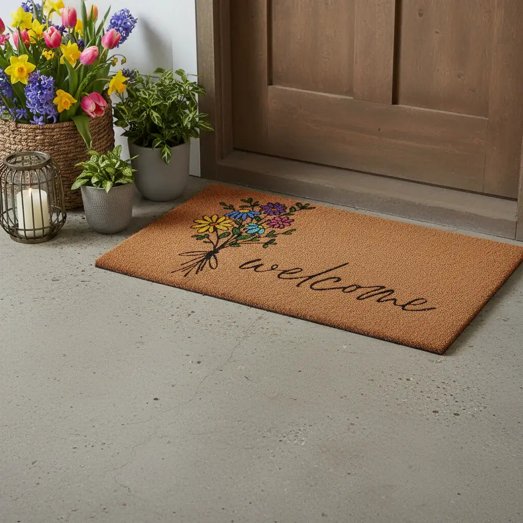 17" X 29" Brown Black And Green Floral Bouquet Welcome Outdoor Coir Door Mat - Homeroots - Flyclothing LLC