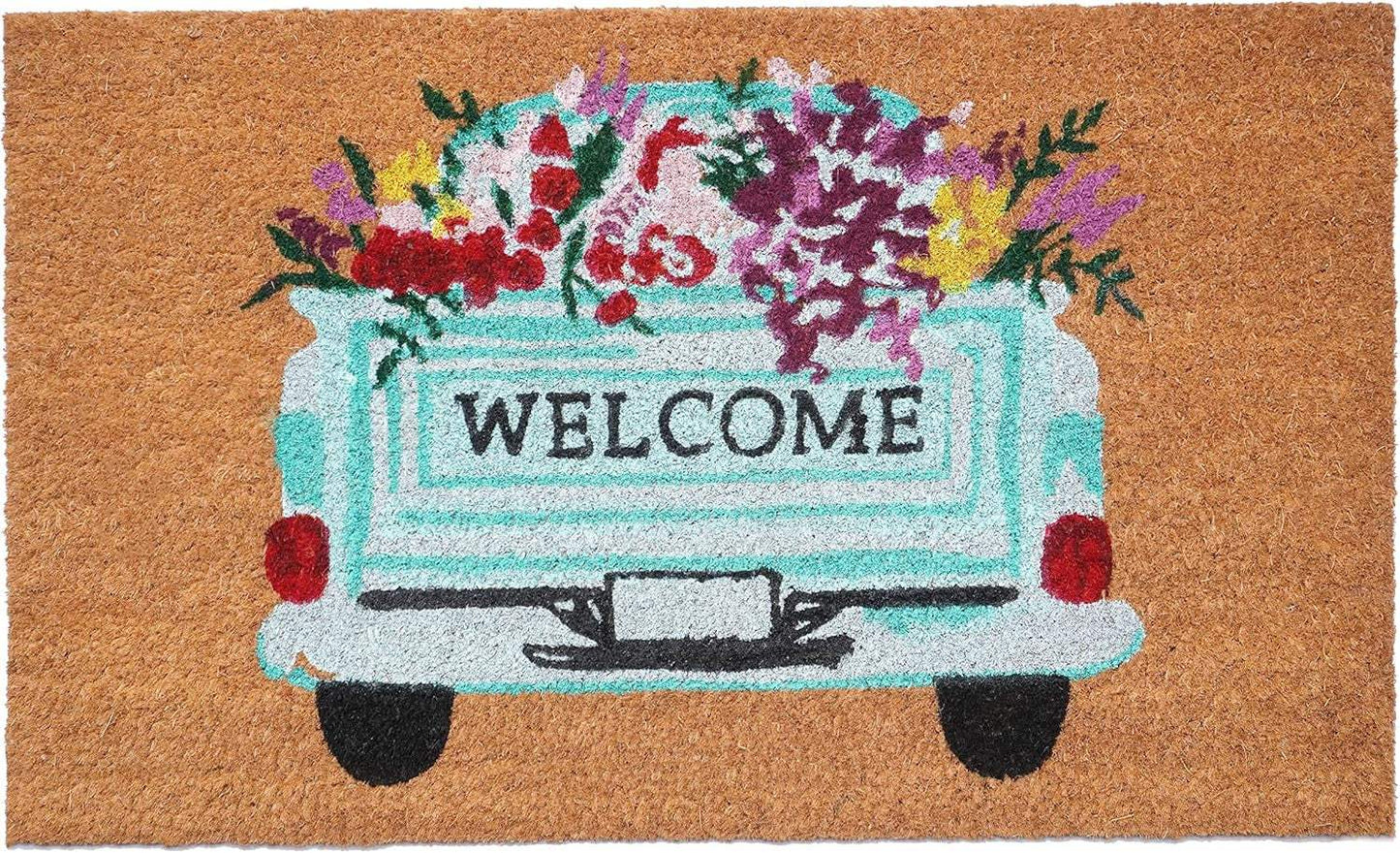 17" X 29" Brown Aqua And Red Floral Welcome Outdoor Coir Door Mat - Homeroots - Flyclothing LLC
