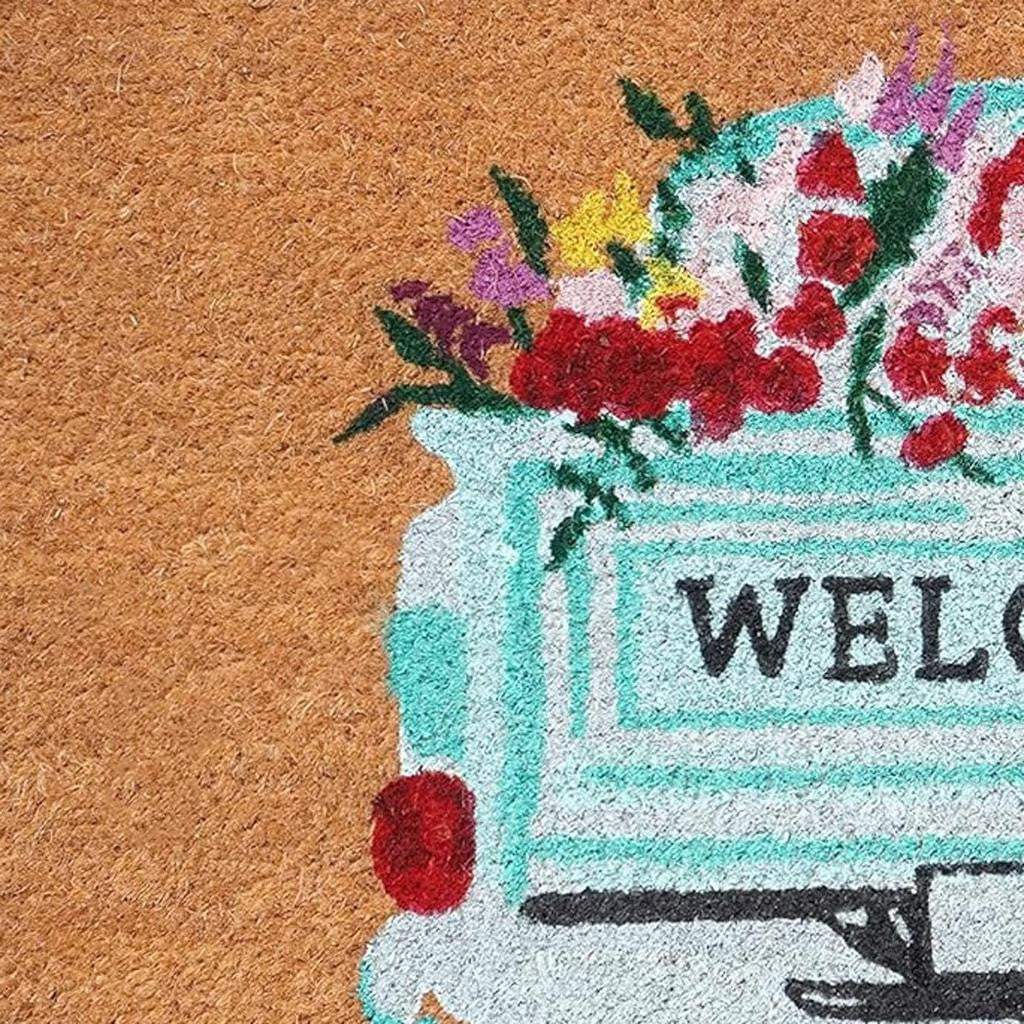 17" X 29" Brown Aqua And Red Floral Welcome Outdoor Coir Door Mat - Homeroots - Flyclothing LLC