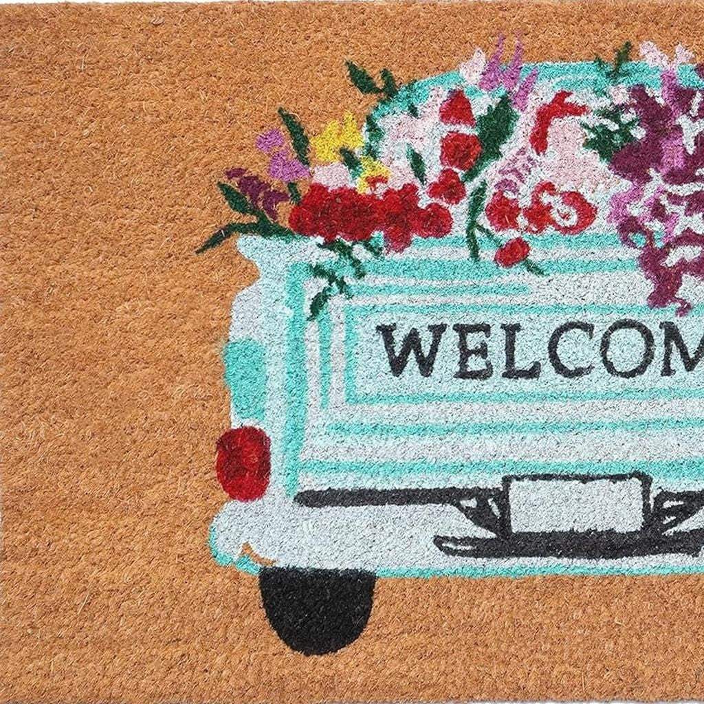17" X 29" Brown Aqua And Red Floral Welcome Outdoor Coir Door Mat - Homeroots - Flyclothing LLC