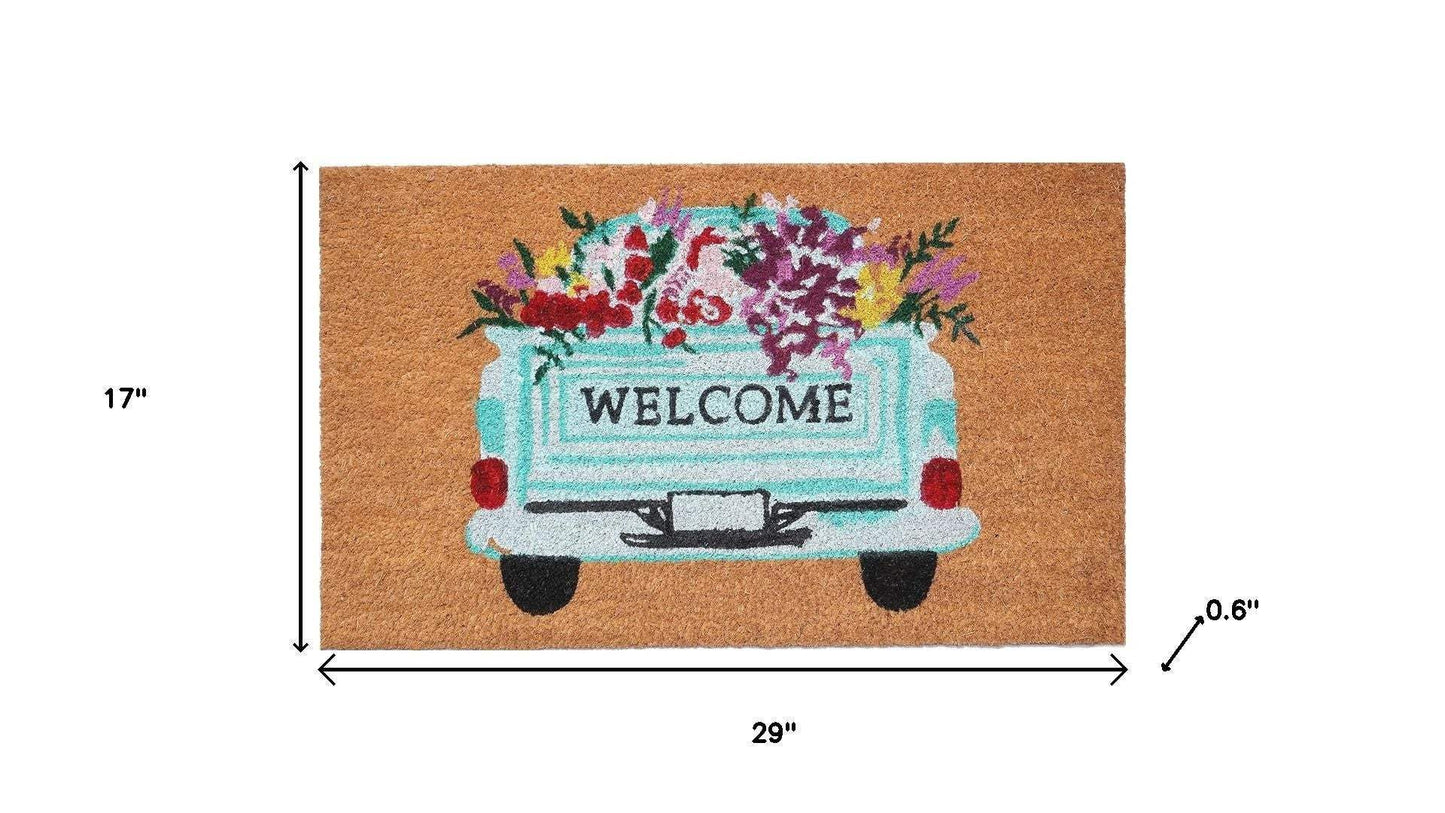 17" X 29" Brown Aqua And Red Floral Welcome Outdoor Coir Door Mat - Homeroots - Flyclothing LLC