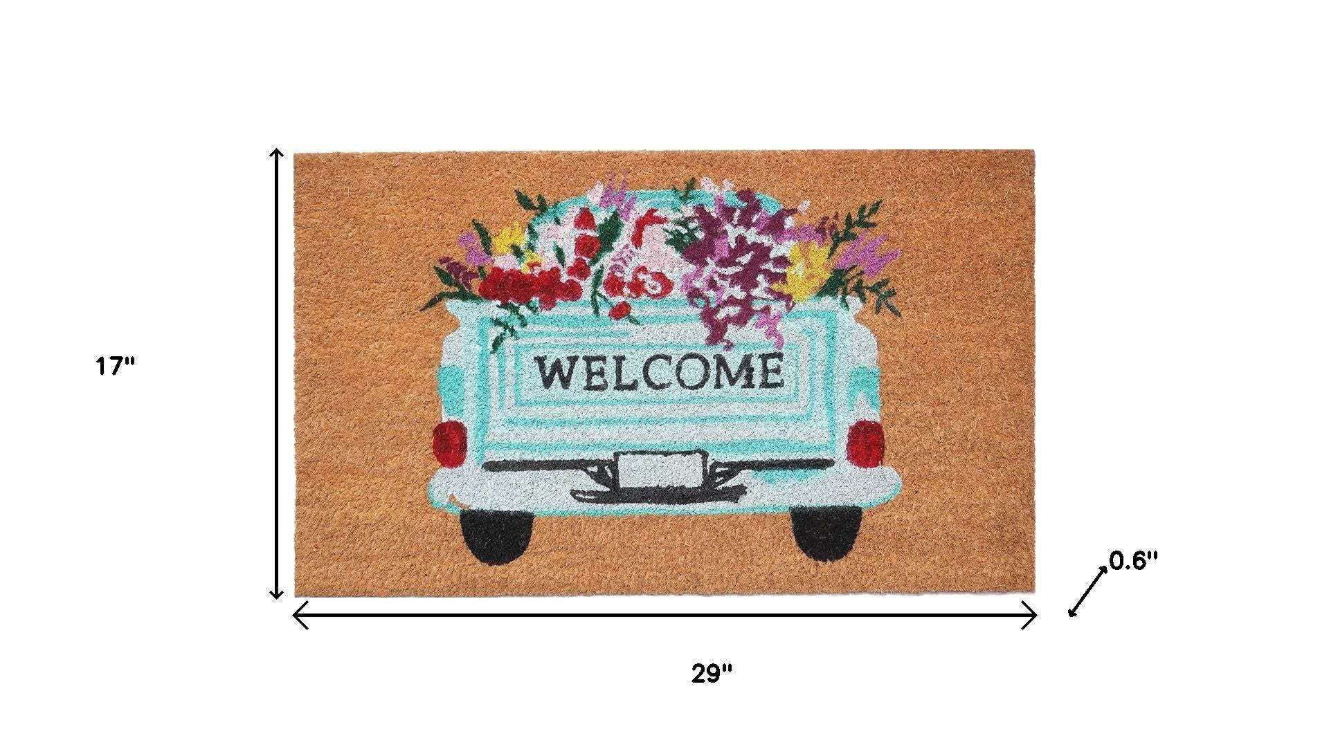17" X 29" Brown Aqua And Red Floral Welcome Outdoor Coir Door Mat - Homeroots - Flyclothing LLC